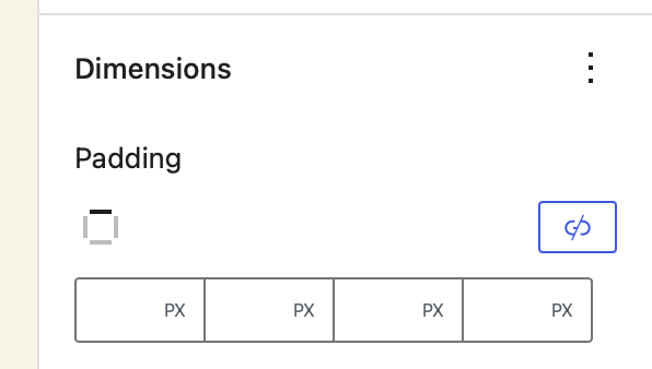 Block Editor Sidebar showing the Dimension Control panel